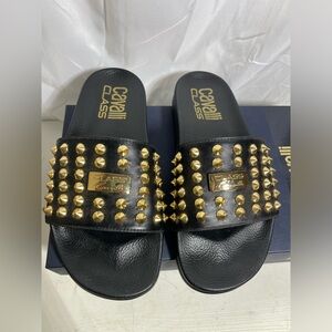 ROBERTO CAVALLI CAVALLI CLASS BLACK LEATHER STUDDED SLIDE Size 39/US 9